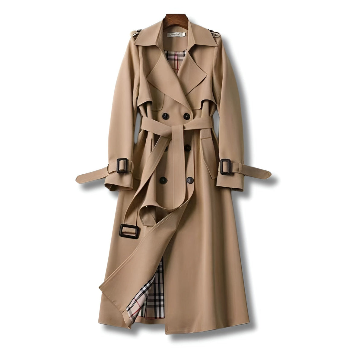 Rachel | Women's Long Trench Coat Belted Plaid Lining