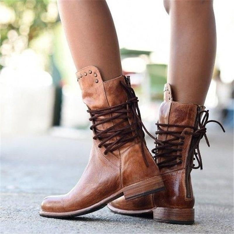 Megan | Women's Combat Boots Lace Up Mid Calf Low Heel