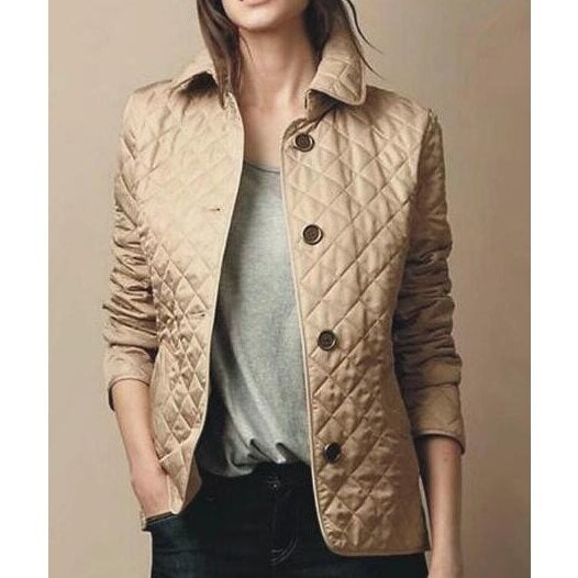 Genevieve | Women's Quilted Jacket Lapel Collar Button Up