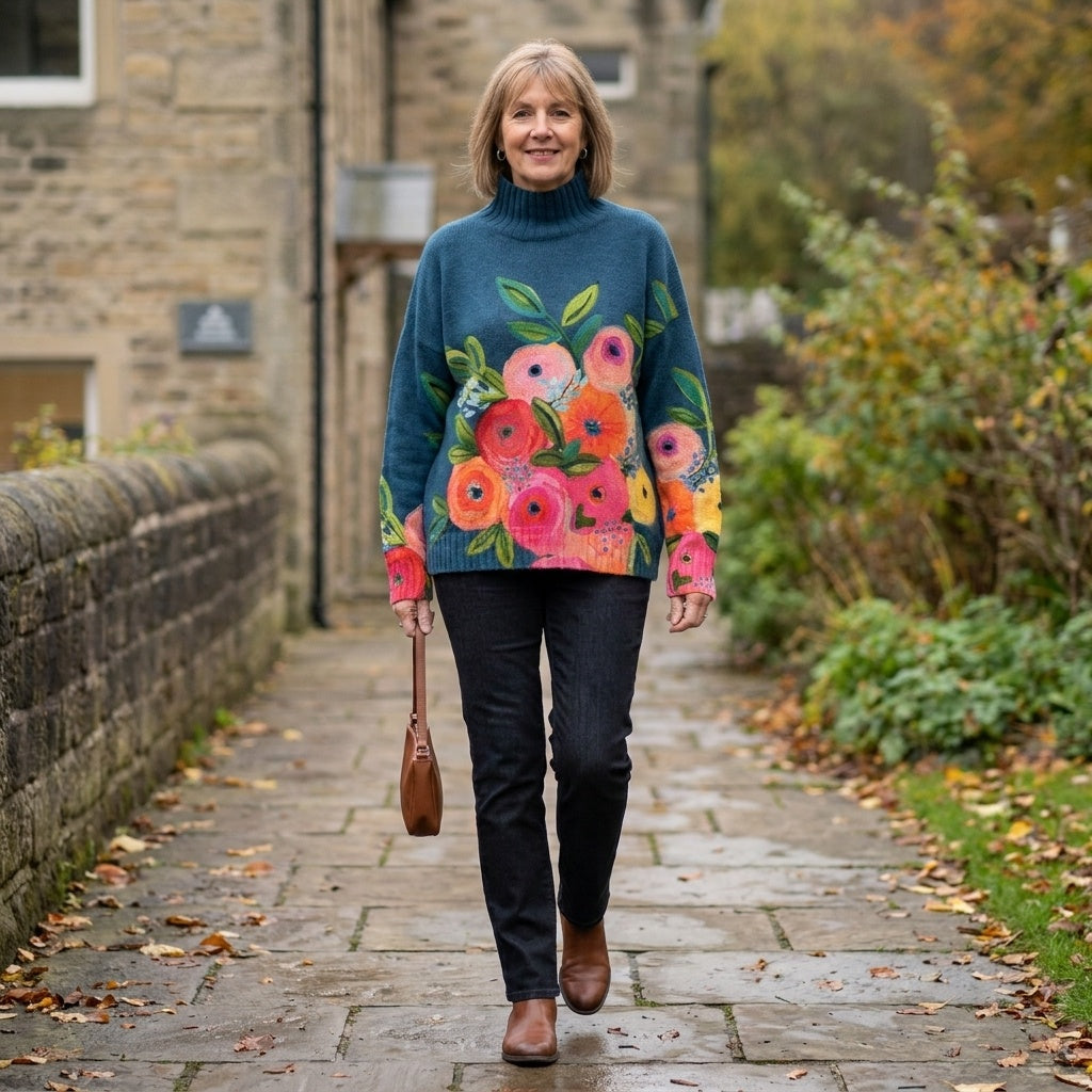 Ella | Women's Floral Knit Turtleneck Sweater Oversized
