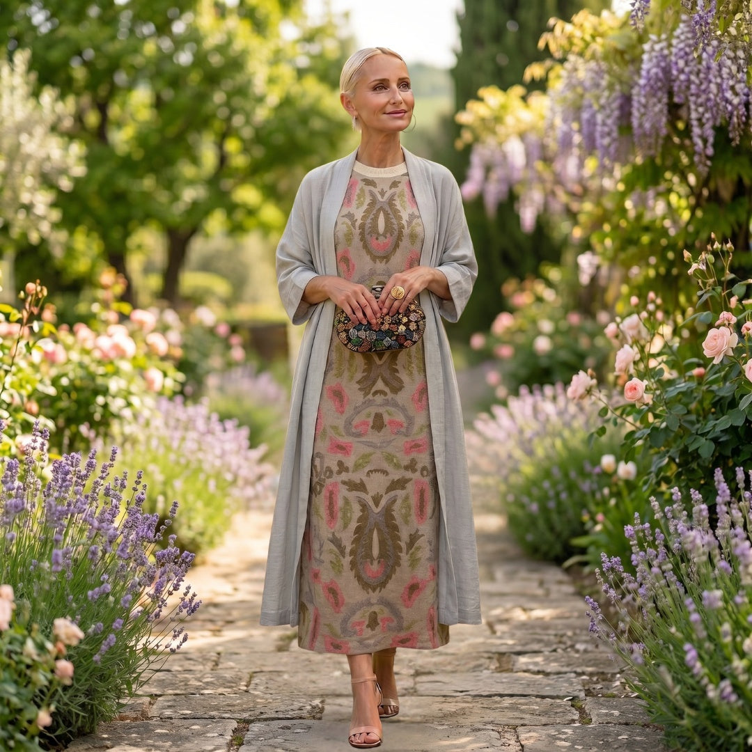 Ellie | Women's Printed Midi Winter Wedding Guest Dress with Matching Duster