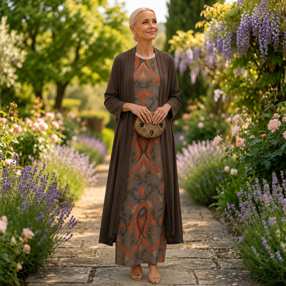 Ellie | Women's Printed Midi Winter Wedding Guest Dress with Matching Duster