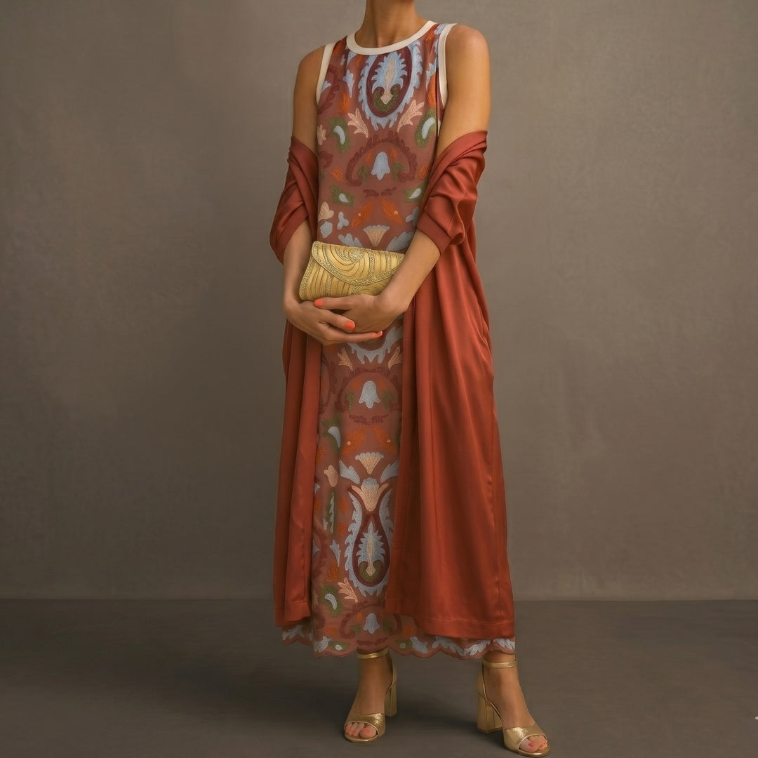 Ellie | Women's Printed Midi Winter Wedding Guest Dress with Matching Duster