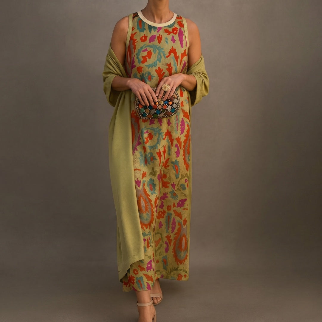 Ellie | Women's Printed Midi Winter Wedding Guest Dress with Matching Duster