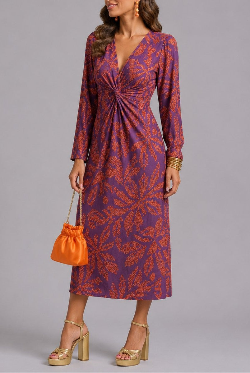 Isabella | Women's Printed Midi Winter Wedding Guest Dress Long Sleeve