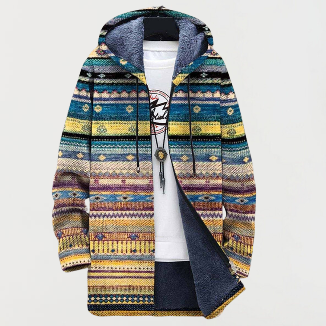 Liam | Men's Aztec Print Long Coat Hooded Fleece Lined