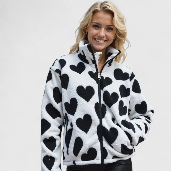 Ella | Women's Fluffy Teddy Jacket Heart Print Zip Up