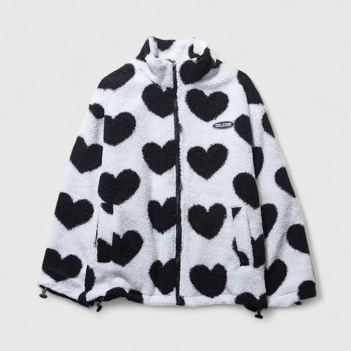 Ella | Women's Fluffy Teddy Jacket Heart Print Zip Up