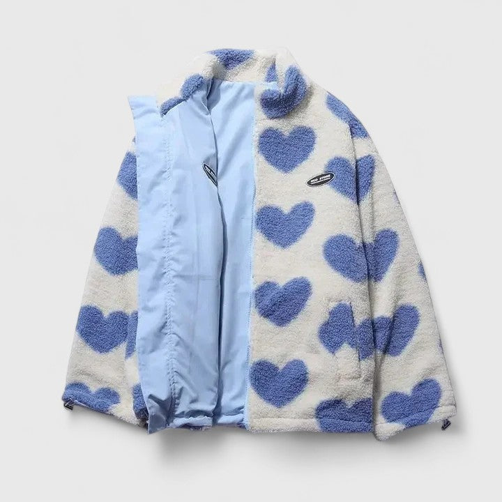 Ella | Women's Fluffy Teddy Jacket Heart Print Zip Up