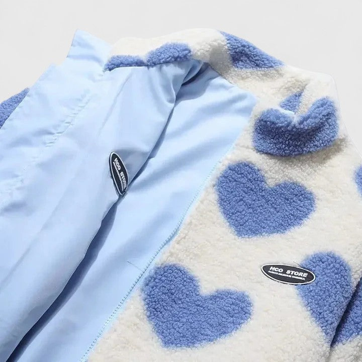 Ella | Women's Fluffy Teddy Jacket Heart Print Zip Up