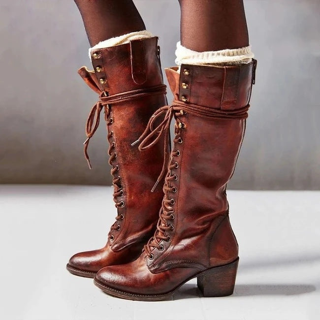 Diana | Women's Leather Lace Up Boots Knee High Heeled