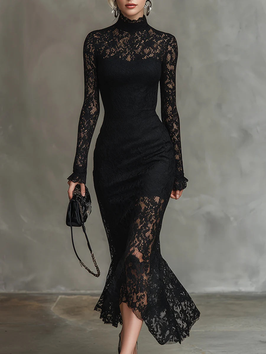 Samantha | Women's Long Sleeve Lace Winter Wedding Guest Dress High Neck