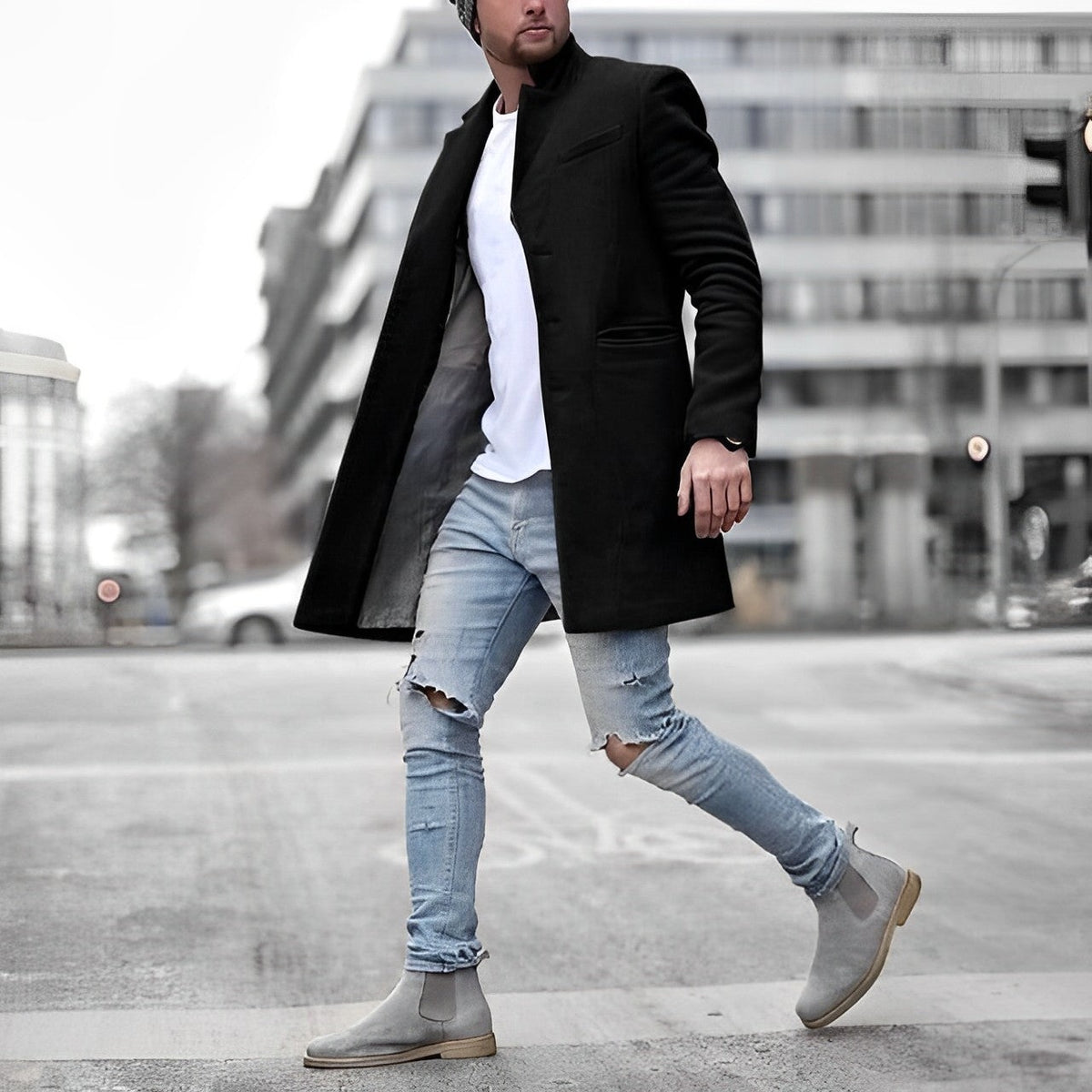 Dylan | Men's Long Wool Blend Coat Stand Collar Slim Fit