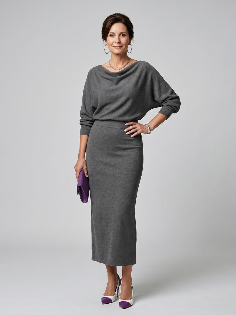Alyssa | Women's Knit Midi Party Dress Long Sleeve Draped Neckline