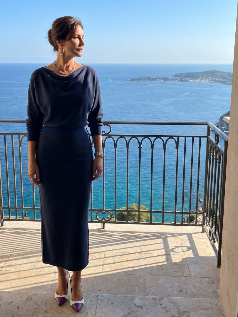 Alyssa | Women's Knit Midi Party Dress Long Sleeve Draped Neckline