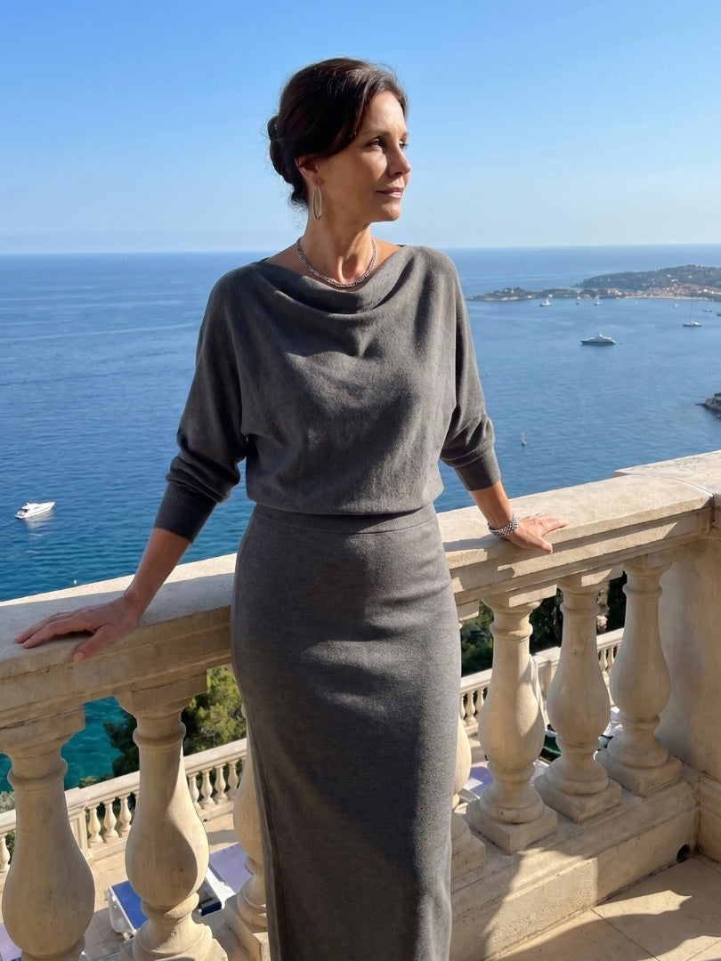 Alyssa | Women's Knit Midi Party Dress Long Sleeve Draped Neckline
