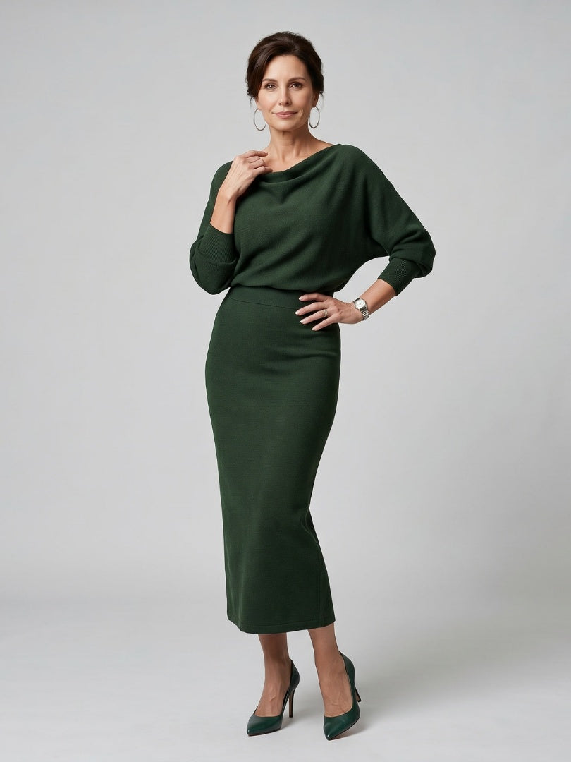 Alyssa | Women's Knit Midi Party Dress Long Sleeve Draped Neckline