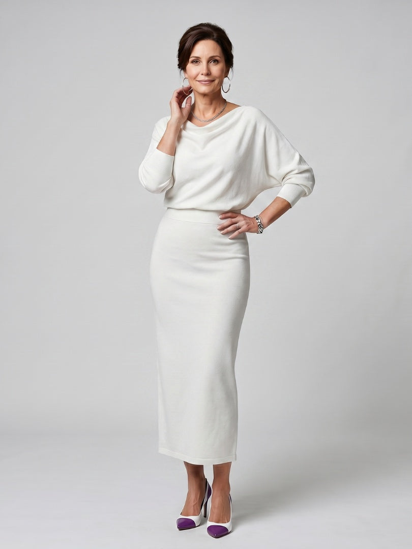 Alyssa | Women's Knit Midi Party Dress Long Sleeve Draped Neckline
