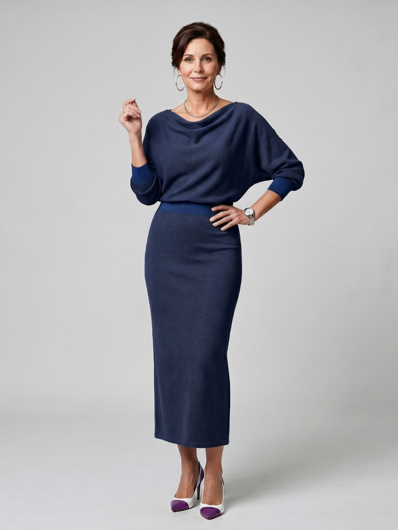 Alyssa | Women's Knit Midi Party Dress Long Sleeve Draped Neckline