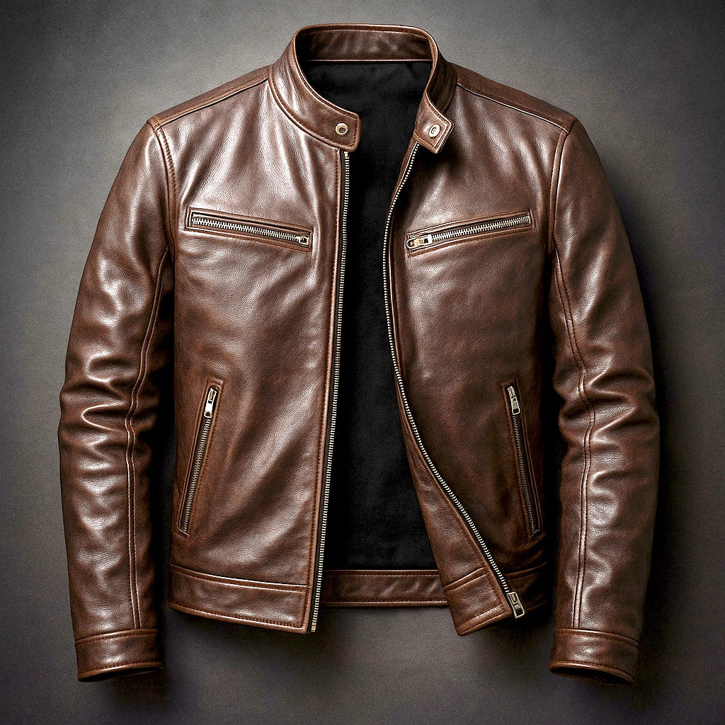 Ethan | Men's Leather Jacket with Band Collar and Zip Pockets