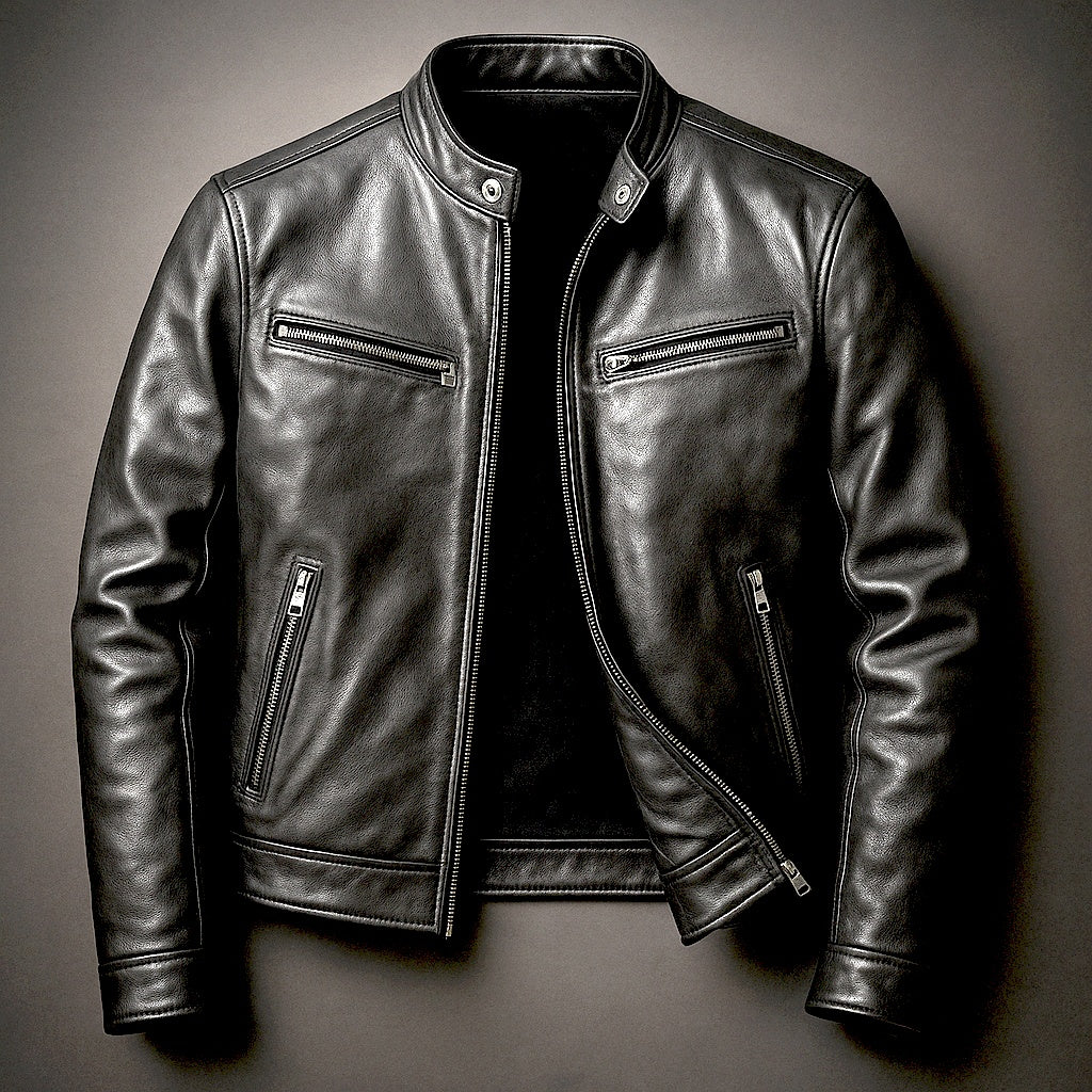 Ethan | Men's Leather Jacket with Band Collar and Zip Pockets