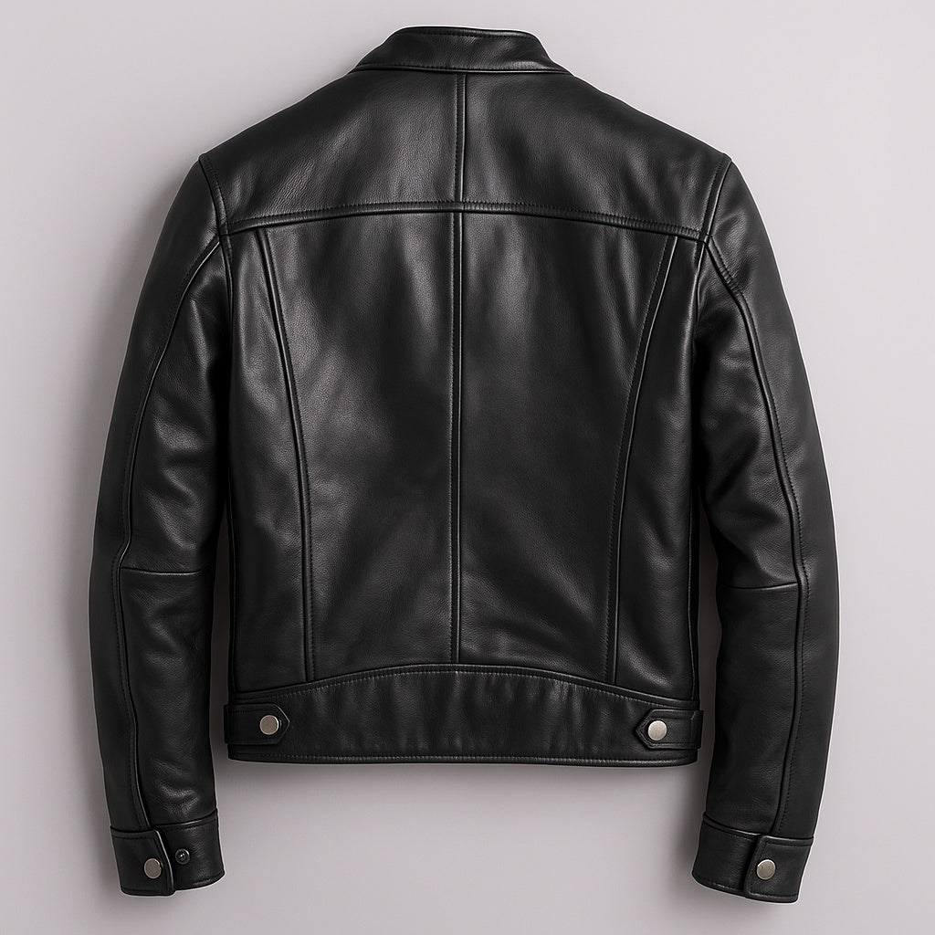 Ethan | Men's Leather Jacket with Band Collar and Zip Pockets