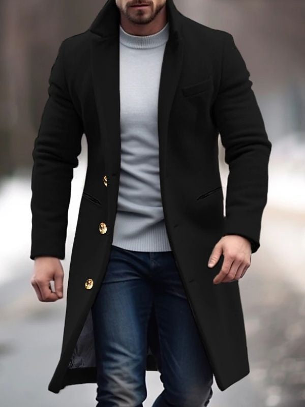 Weston | Men's Long Wool Blend Coat Lapel Collar Button Overcoat