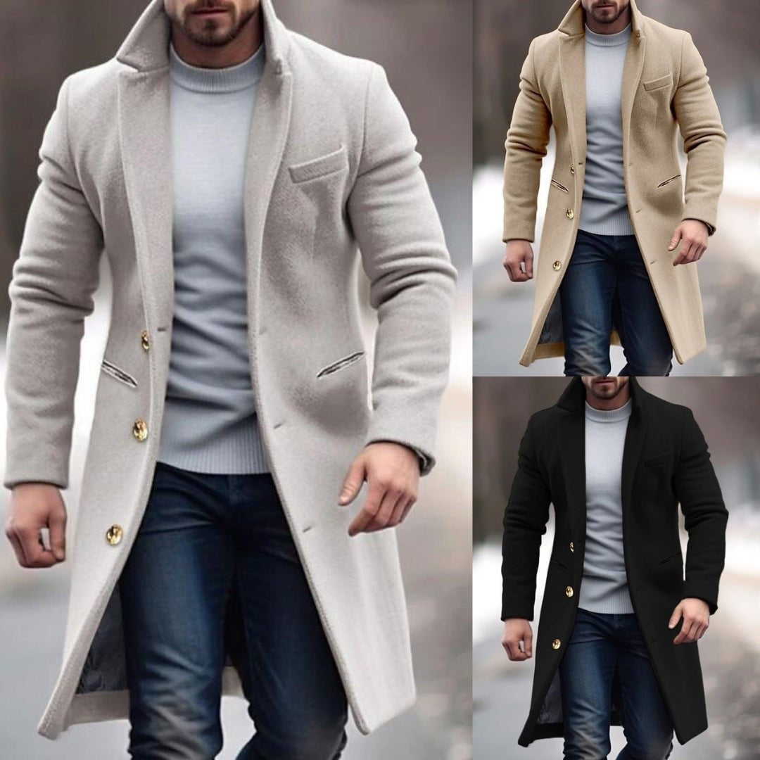 Weston | Men's Long Wool Blend Coat Lapel Collar Button Overcoat