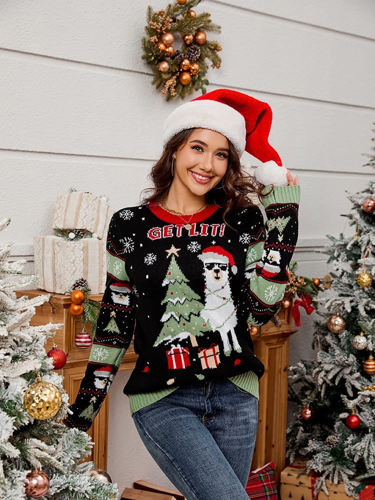 Isabella | Women's Knit Ugly Christmas Sweater with Llama Design