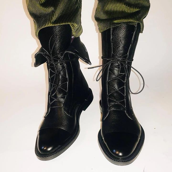 Michelle | Women's Flat Leather Combat Boots Lace Up Mid Calf
