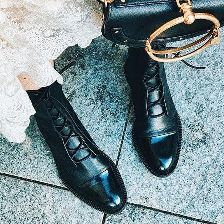 Michelle | Women's Flat Leather Combat Boots Lace Up Mid Calf