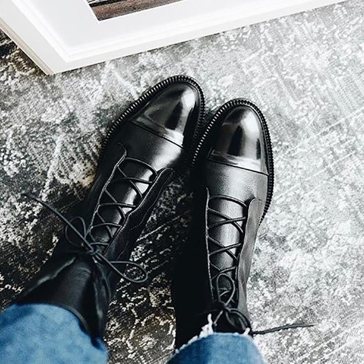 Michelle | Women's Flat Leather Combat Boots Lace Up Mid Calf