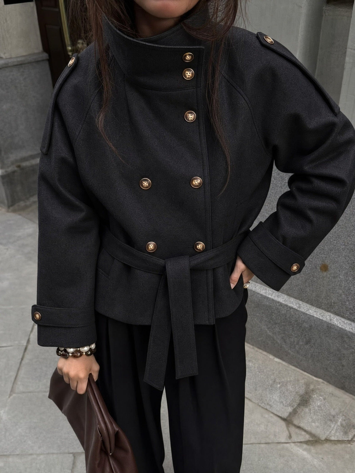 Leah | Women's Cropped Tweed Jacket Double Breasted with Belt