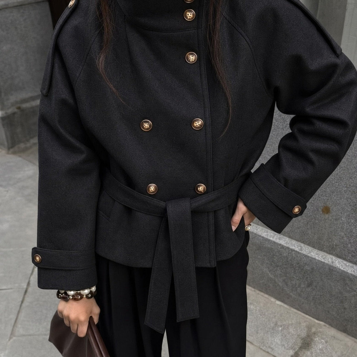 Leah | Women's Cropped Tweed Jacket Double Breasted with Belt