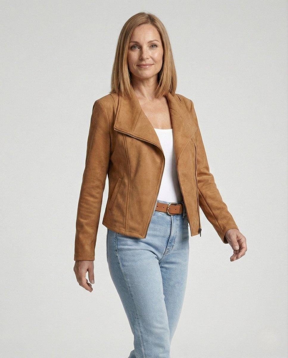Colette | Women's Suede Moto Jacket Asymmetric Closure