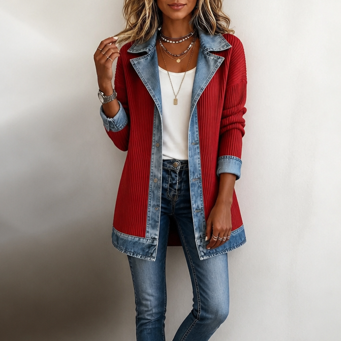 Lillian | Women's Long Cardigan Sweater Ribbed Knit with Denim Trim