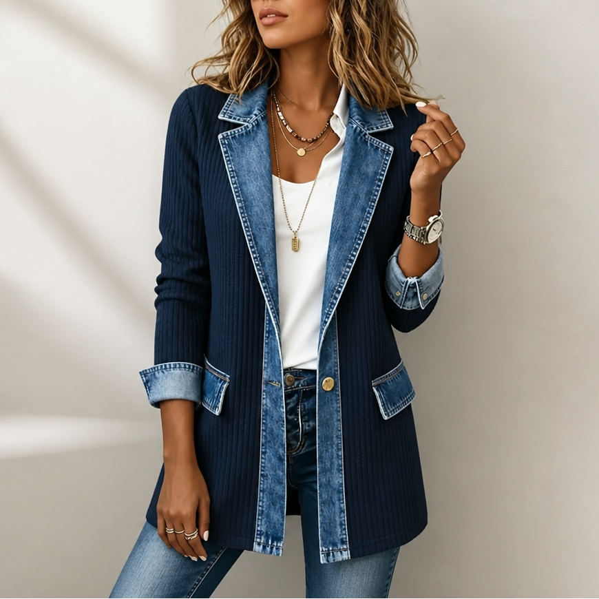 Lillian | Women's Long Cardigan Sweater Ribbed Knit with Denim Trim