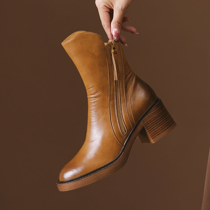 Rachel | Women's Leather Ankle Boots Block Heel Side Zipper