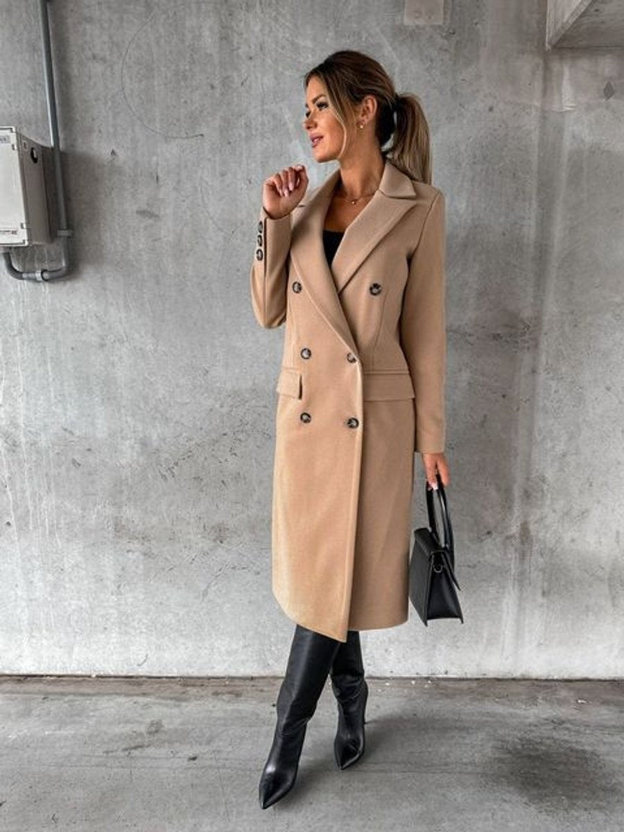 Emilia | Women's Long Wool Blend Coat Double Breasted Structured Lapel