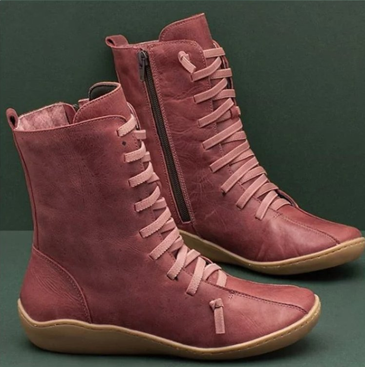 Lila | Women's Leather Lace Up Boots Flat Mid Calf