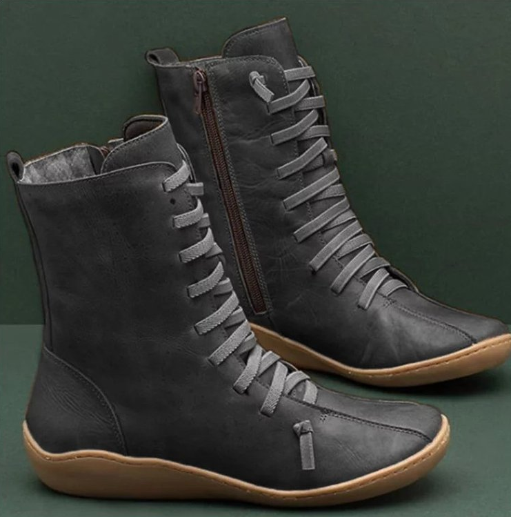 Lila | Women's Leather Lace Up Boots Flat Mid Calf
