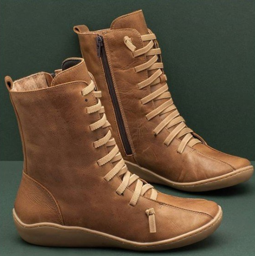 Lila | Women's Leather Lace Up Boots Flat Mid Calf