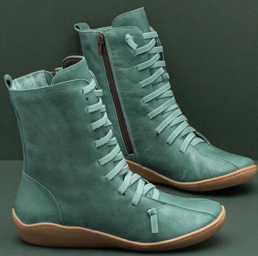 Lila | Women's Leather Lace Up Boots Flat Mid Calf