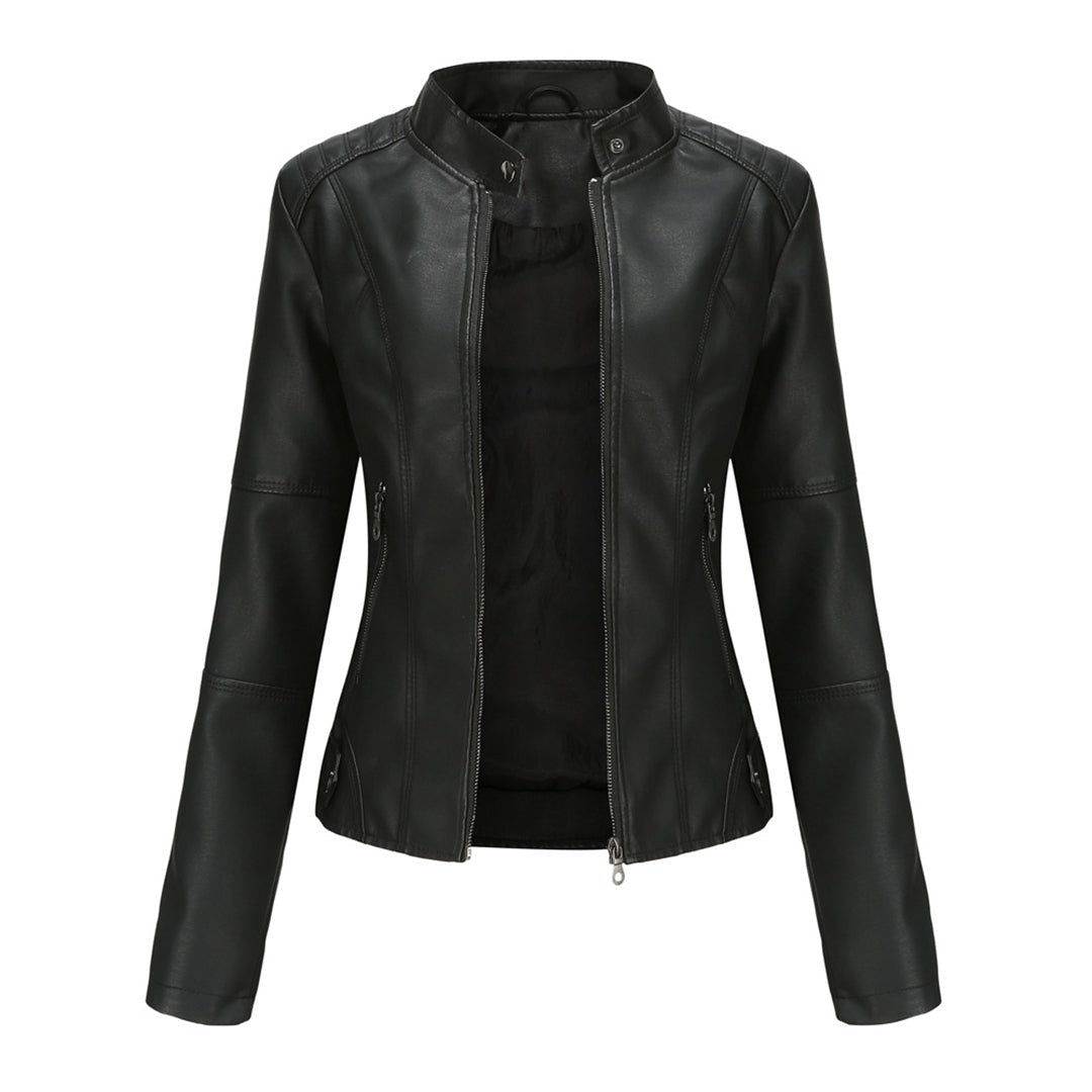 Eva | Women's Faux Leather Moto Jacket Mandarin Collar Zip