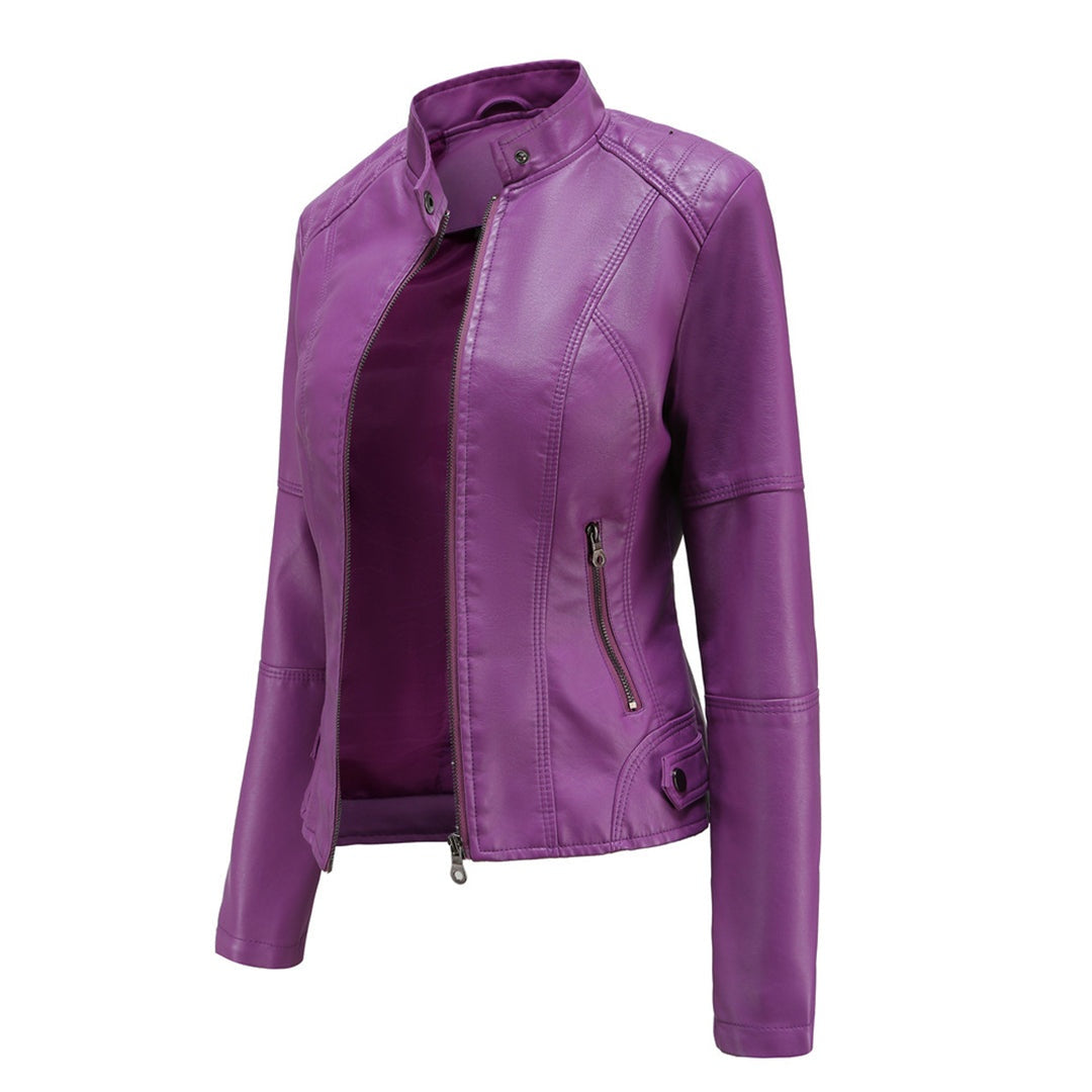 Eva | Women's Faux Leather Moto Jacket Mandarin Collar Zip