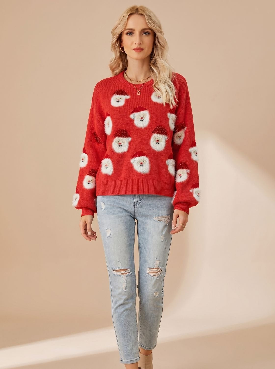 Olivia | Women's Ugly Christmas Sweater with Fuzzy Santa Pattern