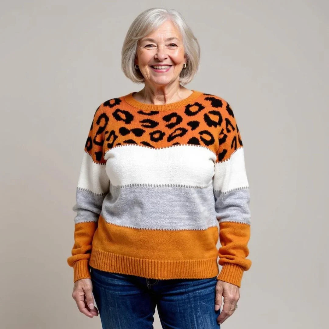 Kelsey | Women's Leopard Print Knit Sweater Crew Neck Long Sleeve