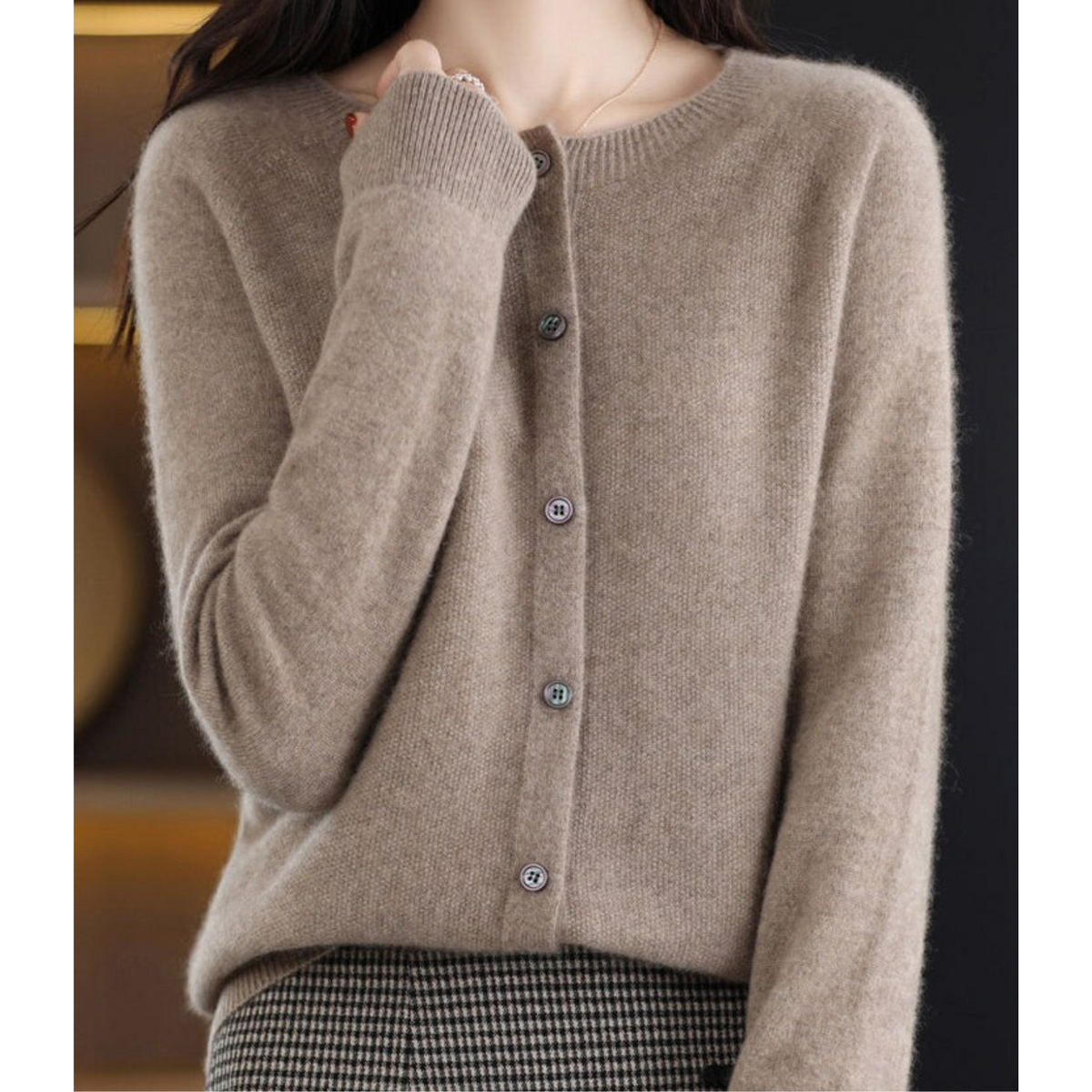 Penelope | Women's Fuzzy Merino Wool Cardigan Round Neck Button Front
