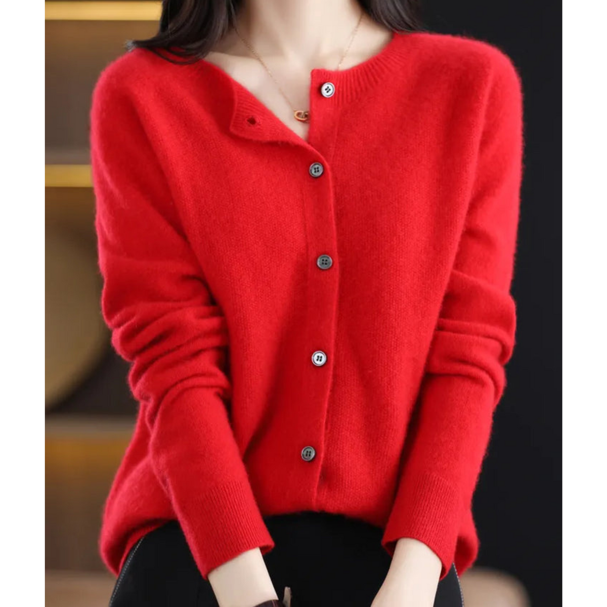 Penelope | Women's Fuzzy Merino Wool Cardigan Round Neck Button Front