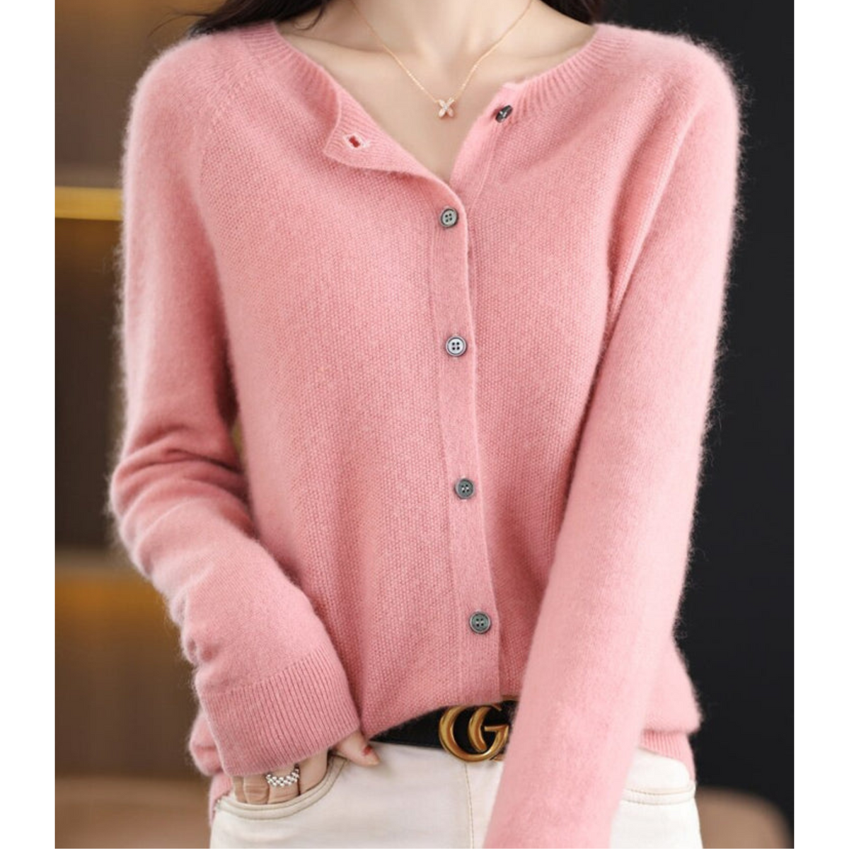 Penelope | Women's Fuzzy Merino Wool Cardigan Round Neck Button Front